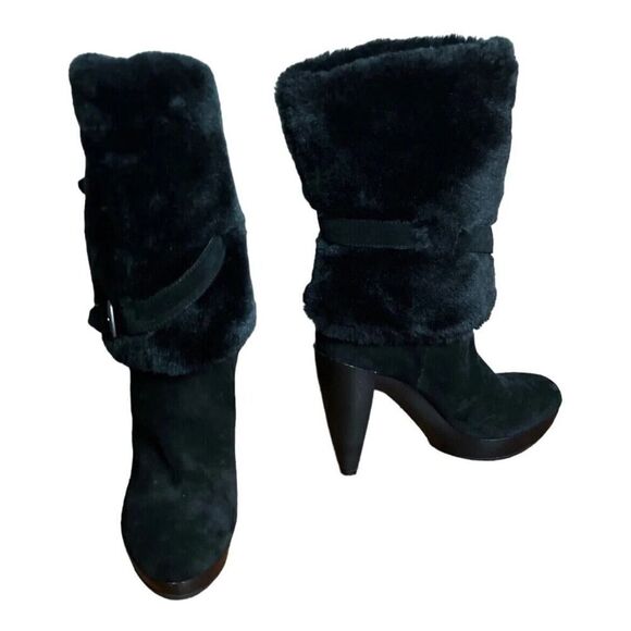 Nine West Priska Suede Platform Faux Fur Black Booties Boots Heeled US Size 7.5M - Picture 5 of 13